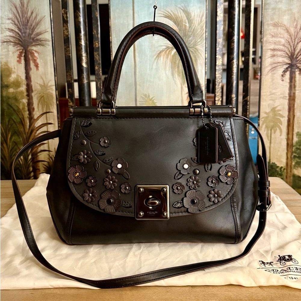 RARE Coach Black Glove Tanned Leather Tea Rose Drifter Crossbody Satchel Bag